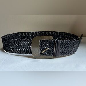 Lauren Ralph Lauren Women Wide Braided Black Genuine Leather Belt Metal Buckle